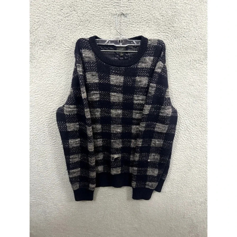 J Crew Sweater Mens Medium‎ Blue Gray Check Linen Wool Alpaca Long Sleeve Adult
